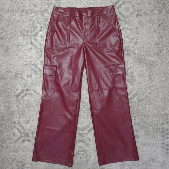 WILD FABLE Faux Leather Burgundy Wine Wide Leg Cargo Pants, Elastic Back Waist - Picture 10 of 16